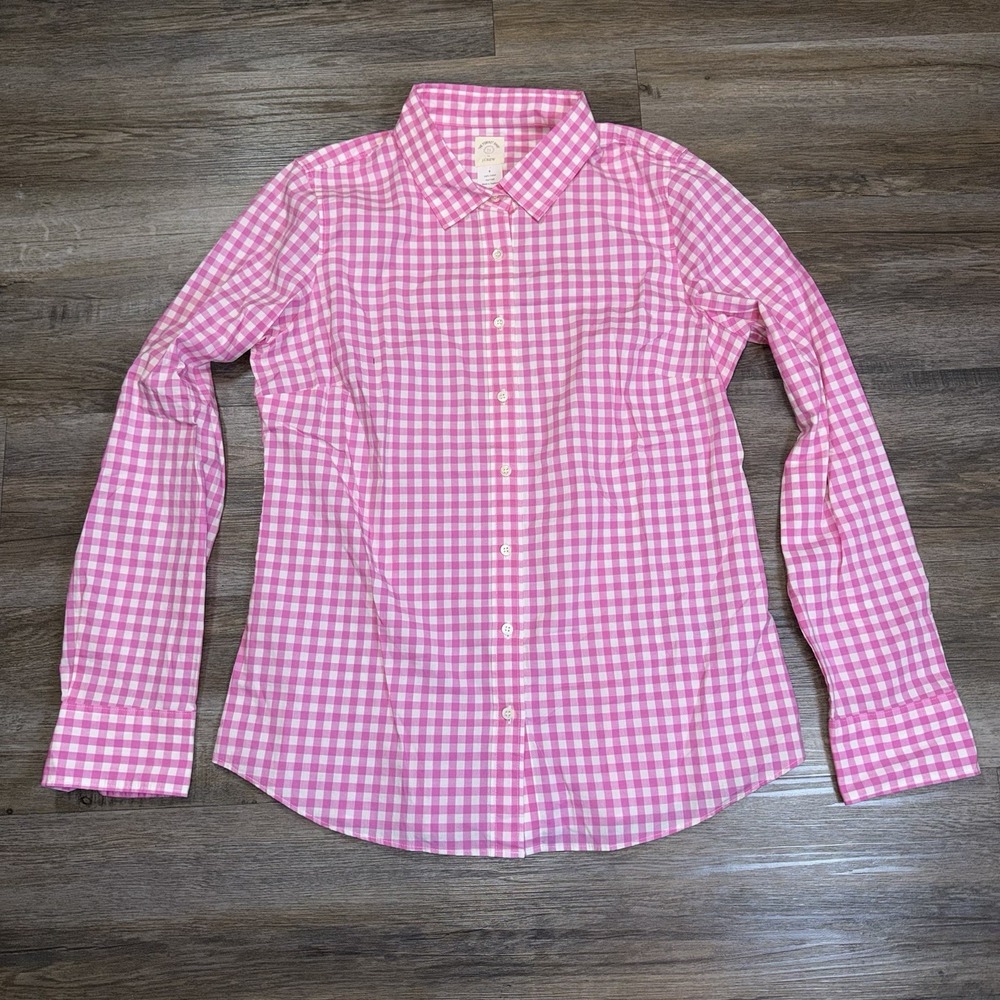 J. Crew Gingham Pink White Button-Down Shirt Womens 6 Classic Collared Neckline